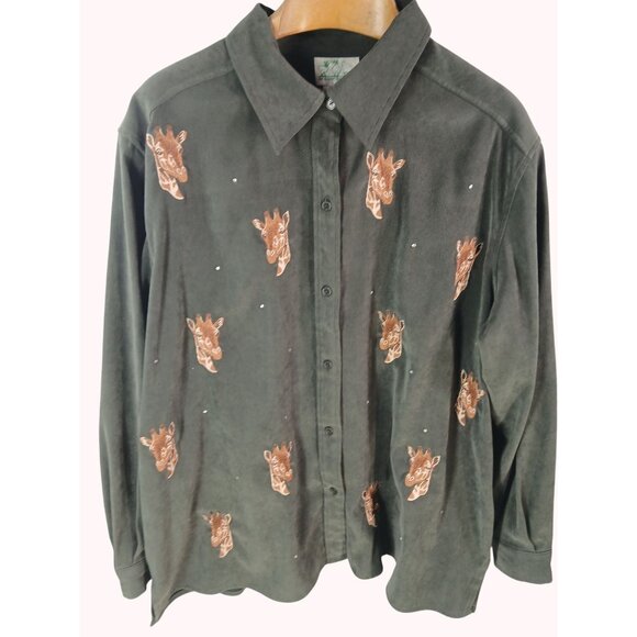 The Quacker Factory Tops - Vintage 90s Quacker Factory Giraffe Embroidered Button Up Shirt Size 2X Shacket